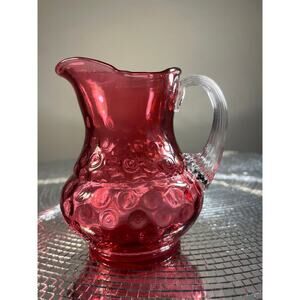 Vintage Cranberry Glass Coin Dot Thumbprint Pitcher W/ Clear Ribbed Bud Vase